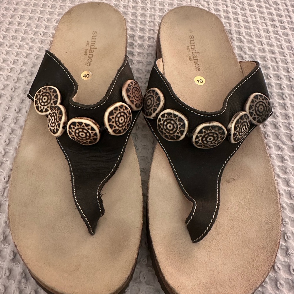 Sundance Black Leather Women's Thong Flip Flop Sandals